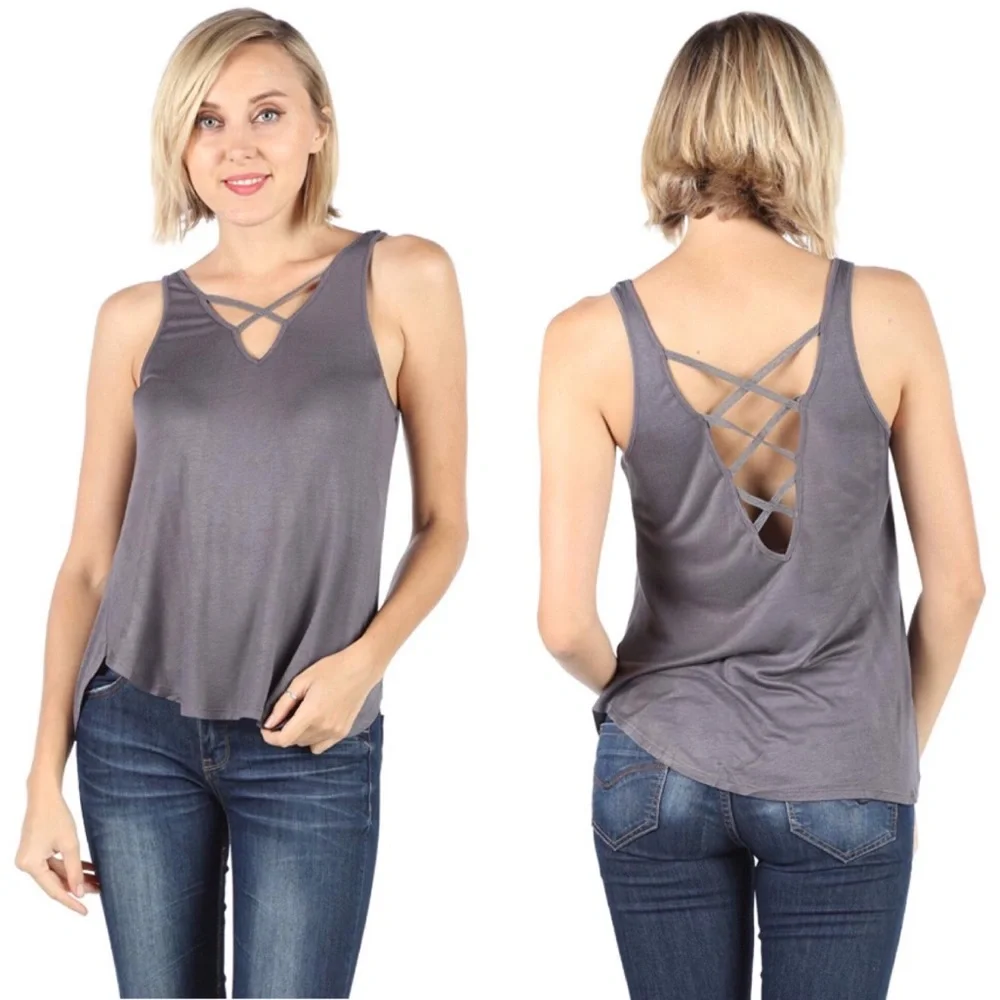 Strappy Criss Cross Front and Back Drapey Tank Top Steel Grey - Picture 1 of 3